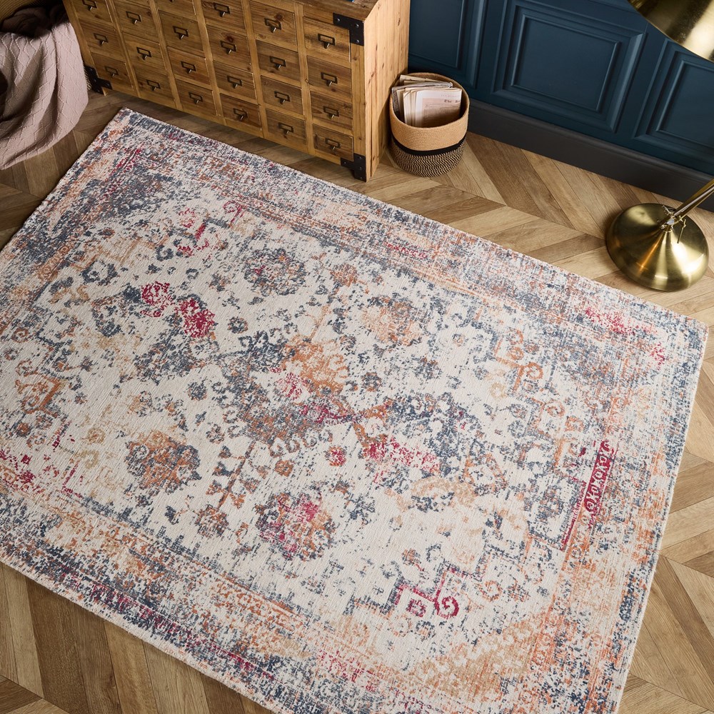 Vogue Traditional Distressed Rugs in Navy Rust Orange